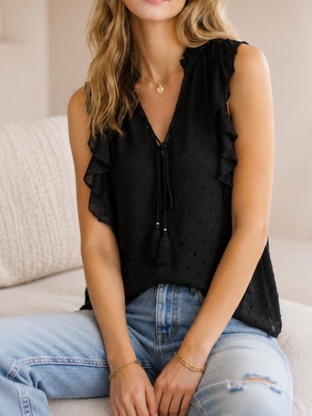PAIGE Blouse Romantic Black Swiss Dot Ruffle Sleeveless Size L 100% Tassel Tie